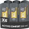 Dove Men+Care Docciaschiuma Active Comfort 3in1, Uomo, 6x250ml | Bagnodoccia corpo, viso e capelli, con Tecnologia MicroMoisture, Dona 24 Ore di Idratazione