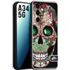 CUSTOMIZZA - Custodia cover nera morbida in tpu compatibile per Samsung A34 5G teschio messicano Mexican skull verde fucsia