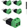 SEASJHBAY 5 adattatori USB C a 2 pin, senza saldatura, maschio di tipo C a morsetto di collegamento a 2 poli, adattatore di ricarica da 5 V 3 A, senza trasferimento dati, morsettiera a crimpare per telefoni