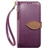 Ymyhyuxi Custodia a portafoglio per Oppo Reno 14, con scomparti per schede, tasca con cerniera, design a foglia, cinturino da polso staccabile, assorbimento degli urti viola.