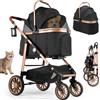 MAMIZO Passeggino per Cani 4 in 1, fino a 25kg, 68*38*64cm Trasportino cani | Passeggino Pieghevole per gatto con 4 ruote gomma 360° ammortizzate, portabicchieri, Fissaggio al sedile auto, cinture, Nero