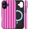 Amzfield Custodia Cover Magnetica per iPhone 16 Plus, Strisce, Rosa Scuro | Custodia a Righe, Compatibile con Mag-Safe Doppio Strato Antiurto Bordi Rialzati Schermo Fotocamera, Carina per Ragazza Donna