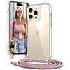 Vaykwo Trasparente Cover con Cordino per iPhone 14 Pro 6,1'', Oro Rosa | Custodia con Collana, Regolabile e rimovibile, Trasparente Case con Laccio Tracolla,
