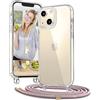 Vaykwo Trasparente Cover con Cordino per iPhone 13 Mini 5,4'', Oro Rosa | Custodia con Collana, Regolabile e rimovibile, Trasparente Case con Laccio Tracolla,