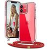 Vaykwo Trasparente Cover con Cordino per iPhone 12 Mini 5,4'', Rosso | Custodia con Collana, Regolabile e rimovibile, Trasparente Case con Laccio Tracolla,