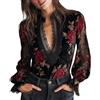 Leaomuny Camicia Donna Velluto Elegante Trasparente Pizzo Manica Lunga, Blusa Vintage Gotico Floreale Sexy Curvy Rete Tulle, Maglia Mesh Scollo a V Cerimonia Sera, Camicetta Aderente Party Tops Nero