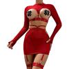 Generic Reggiseno Aperto Davanti Sexy Hot Donna Capodanno Fun Lingerie da Donna Set da 5 Pezzi Top A Maniche Lunghe Personalizzato in Pizzo Vuoto Sexy con Hot Autoreggenti per Sesso