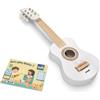 Woet® Chitarra giocattolo bianca in legno, 6 corde e libretto | Chitarra giocattolo in legno, 6 corde, tracolla, corda di ricambio e libretto musicale, ritmo e melodia, da 3 anni