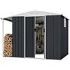 COSTWAY Cassetta da Giardino con Portalegna in Acciaio Zincato, 5,66 m³ | Capanno con Porte Scorrevoli e Chiudibili, Finestra, Tetto Inclinato e Sfiati, Porta Attrezzi e Scopa, 244 x 194 x 181 cm