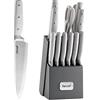 hecef Coltelli da Cucina con Ceppo 14 Pezzi, Affilatore e Forbici, Grigio | Set Coltellos con Ceppo Grigio in Legno, Lame Inox Affilate, Manici Antiscivolo, Coltelli da Bistecca e Utensili