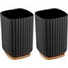 Wenko Bicchiere Porta Spazzolini Rotello, Bicchiere per Spazzolini in Plastica e Fondo di Bambù, per Riporre Accessori Dell'Igiene Orale con Pratico Design Rigato, Ø 8,6 X 11,1 Cm, Nero/Naturale