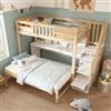 TIZZ Letto a castello 90 x 200 + 90 x 190 cm, bianco e rovere, letto a soppalco in legno con letto estraibile su ruote, scrivania mobile, armadio scale e scaffale, senza materasso