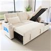 Azkoeesy Divano angolare contenitore con 2 portabevande, divano‑letto estensibile con chaise longue, Luci LED, prese di ricarica USB, include 2 cuscini, tessuto chenille, per soggiorno, Beige, 3 posti, 206 cm