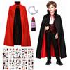 HHDESHSL Costume da Vampiro Bambino Halloween, 90 CM Mantello Vampiro Nero Rosso, Vampire Cape per Bambini con Zanne Sangue Finto e Tatuaggi, Mantello da Dracula per Halloween Carnevale Cosplay