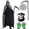 Moerstar Costume Mietitore per Bambino Adulto Halloween Costume Morte con Falce | Vestito Morte Bambino Set con Mantello Scheletro Maschera Teschio Guanti Falce Catena Costumi Grim Reaper per Halloween