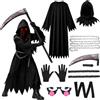 Moerstar Costume Morte Bambino Adulto, Halloween Vestito Mietitore Set con Accessori | Halloween Costume Morte Bambino Set con Tunica Nera Falce Guanti Catena Occhiali per Halloween Cosplay