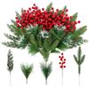 SJUNJIE 60 Combinazione Rametti Decorativi Natale 5 Stili Rami Abete | Simulazione Rami di Pino Finti Decorativi con Bacche Rosse Artificiali per Fai da Te Ghirlanda Corona Decorazione