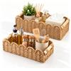Zourglow 2 Pezzi Cestini Portaoggetti Intrecciato con Manici in Legno | Cesto Vimini Decorativo per Soggiorno, Ufficio, Bagno e Cucina | 35 × 15,5 × 9,7cm & 29,7 × 12,8 × 7,8cm | Cammello