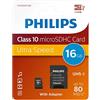 Philips Ultra Speed microSDHC Card 16 GB+adattatore SD UHS-I U1,velocità di lettura fino a 80 MB/s,A1 Fast App Perf,V10,scheda di memoria per smartphone,tablet,PC,lettore di schede,video Full HD