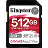 Kingston 512GB Canvas React Plus SDXC UHS-II 280R/150W U3 V60 for Full HD/4K, Scheda di memoria - SDR2V6/512GB
