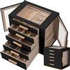 Granbest - Portagioie a 5 piani con coperchio in vetro, organizer per gioielli ad alta capacità con cassetti e specchio, portagioie in similpelle PU per collane, orecchini, anelli, bracciali (nero)