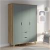 Forte VANKKA Armadio 140, Armadio con 3 ante e 2 cassetti, in legno di quercia Planked decorazione/salvia, larghezza 139,4 cm, altezza 201,5 cm, profondità 52,7 cm