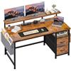 Klyvvo 140x48 cm Rettangolare Scrivania per Studiare, Lavoratori, Marrone | Ergonomia Scrivania con 2 Cassetti, 1 Organizzatore Appeso, Supporto per Monitor, 3 Altezza regolabile, Gancio per Gaming