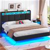 Brinlawb Letto 140x190 cm Fluttuante con Testiera Imbottita, LED e Ricarica, Grigio | 2 prese AC, 1 USB-A e 1 USB-C; doghe in legno massello; 60.000 colori LED regolabili via APP; testiera con vano portaoggetti.