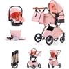 Kakbgee Passeggino 3 in 1 con Seggiolino Auto, 7-Altezza Regolabilea | Carrozzina Piegevole, Sospensione 4 Ruote, Copripioggia e Zanzariera, Baby Stroller per Neonati 0-3 Anni (15kg), Rosa