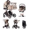Kakbgee Passeggino 3 in 1 con Seggiolino Auto, 7-Altezza Regolabile | Carrozzina Piegevole, Sospensione 4 Ruote, Copripioggia e Zanzariera, Baby Stroller per Neonati 0-3 Anni (15kg), Beige-Kaki