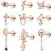 Kakonia Set di 9 piercing per elice da donna, in acciaio chirurgico, 16 g, a forma di farfalla, per trago, oro, argento, oro rosa, orecchini piatti