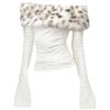 ZOYLEIR Maglietta a Maniche Lunghe con Grafica in Pelliccia di Lusso, Stile Y2k, per Donne, Autunno Inverno, Top a Spalle Scoperte, Blusa Vintage Anni 2000, T-Shirt Bianca