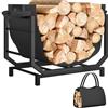 Outsunny Porta Legna per Interni ed Esterni Rialzato 53x33x43 cm Nero | Portalegna da Interno, Borsa da Trasporto Rimovibile in Tessuto Oxford, Legnaia in Metallo, Capacità 50 kg