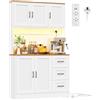 BEWISHOME Credenza Cucina Soggiorno, Alta con Illuminazione a LED | 100x40x180cm Armario Cocina Alto con 5 Puertas y 3 Cajones, Estantes Regulables, para Cocina, Comedor o Salón, Blanco