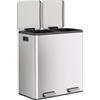 HOMCOM Pattumiera Differenziata a Pedale 2 x 30L in Acciaio Inox, Argento | Cestino Spazzatura Cucina, 2 Scomparti, Secchi Interni Rimovibili, Chiusura Ammortizzata, Coperchio Rimane Aperto 90°, Manico