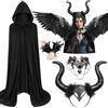 iZoeL Costume da diavolo da donna, costume di Halloween con mantello da | Mantello da strega da diavolo/malvagio con cappuccio, corna del diavolo, cerchietto, catena, costume da vampiro da donna