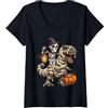 Funny Halloween Shirts Co. Donna Scheletro T-Rex Zucca spettrale Dinosauro Horror Halloween Maglietta con Collo a V