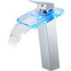 KEOKBON Rubinetto a cascata a LED alto in vetro e ottone, 3 colori che cambiano il colore, con sensore di temperatura, illuminazione per bagno, miscelatore monocomando, rubinetto caldo e freddo,