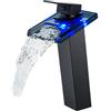 KEOKBON Rubinetto a cascata a LED nero, RGB 3 colori che cambiano colore, miscelatore monocomando con sensore di temperatura, in acciaio inox 304, per bagno, 2 tubi (G3/8 x 50 cm)