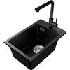 CECIPA Lavello da cucina in granito, 30 x 45 cm, nero, con rubinetto da cucina estraibile, piccolo lavello da cucina, 1 vasca da incasso, set lavello con rubinetto