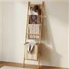 BAMBANG Scala in bambù per coperte con cesto, supporto a 5 livelli con 4 ganci e cesto portaoggetti, per soggiorno, bagno, mensola decorativa a scala per esporre coperte (ZYL-naturale)