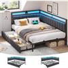DICTAC Struttura Letto Matrimoniale 140x200 con 2 Cassetti e Luce LED, Letto Contenitore imbottito 140x200 con presa USB, Divano letto con Rete a Doghe in Metallo,Lino Struttura Letto,Grigio Scuro