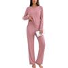 Uniexcosm Pigiama Donna Invernale in Misto Cotone, Maniche Lunghe | Maglia a coste, girocollo con 3 bottoni, bordi ondulati, pantaloni dritti con vita elastica e tasche oblique