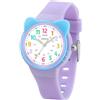 Juboos Orologio analogico per bambini e bambine, impermeabile fino a 3 atm, con gatto, facile da leggere, Viola, orologio gatto bambini