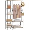 eSituro Stand Appendiabiti con Panca, Porta Abiti da Camera Chiaro+Nero | 3 in 1 con 4 Ripiani, 4 Ganci, 1 Asta Appendiabiti, per Corridoio, Ufficio, Camera da Letto, 100x40x175cm, Rovere