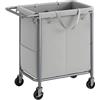 SONGMICS Cesto portabiancheria con ruote, 2 sezioni, 140 l, fodera rimovibile, telaio in acciaio con manico, contenitore per coperte, 60 x 30 x 80 cm, grigio tortora URLS004G01