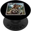 Raccoon Selfie Bigfoot Riding T-Rex Merc Raccoon Selfie Bigfoot Equitazione T-Rex UFO Divertente Dinosauro Meme PopSockets PopGrip Adesivo