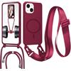 MBSLFY Magnetica Cover per iPhone 13 Mini con Cordino, Compatibile con MagSafe, Silicone Case con Regolabile Cordino da Collo Nylon Catena Collana Tracolla Corda, Rosso
