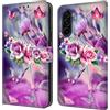CLM-Tech Custodia compatibile con Samsung Galaxy A37 5G - PU Pelle Cover - Portafoglio con Funzione Supporto e Slots - Case Floreale con Farfalle viola