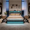 BRILVERDE Letto Matrimoniale 160x200 cm con 4 Cassetti, Illuminazione LED, Porta di Ricarica USB, Testata Imbottita, Base a Doghe in Tessuto Lino, Grigio